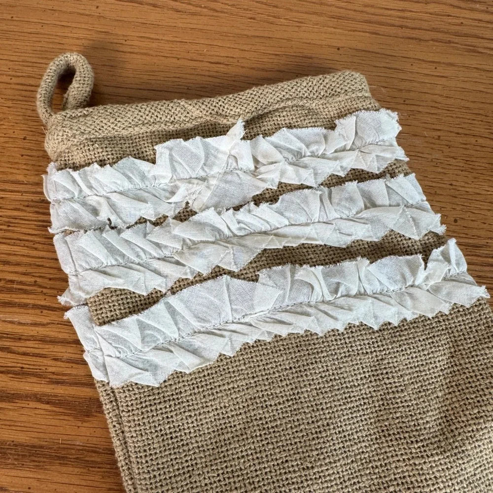 Nancy's Nook Tan Cotton Knit Christmas Stocking White Ruffle Trim Farmhouse 20